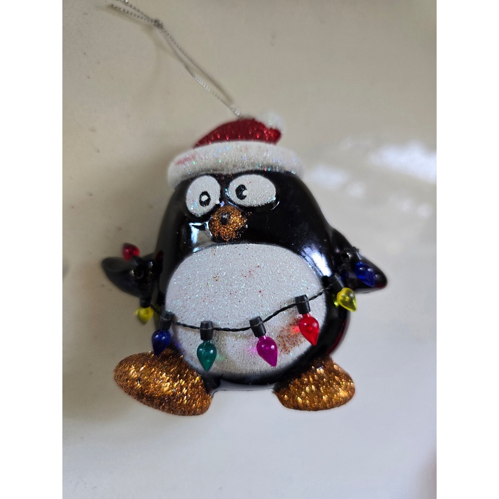 Glitter Penguin Christmas Ornament Santa Hat Colorful Lights Holiday‎ Decor